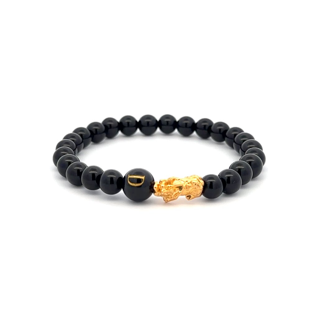 18k Gold Pixiu Piyao Bracelet Gemstones Onyx 6mm Elastic Bracelet Letter D
